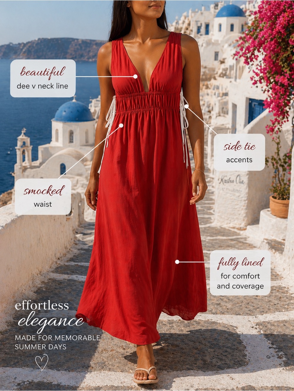 JLUXLABEL Red Deep V-Neck Smocked-Waist Maxi Dress with Side Ties